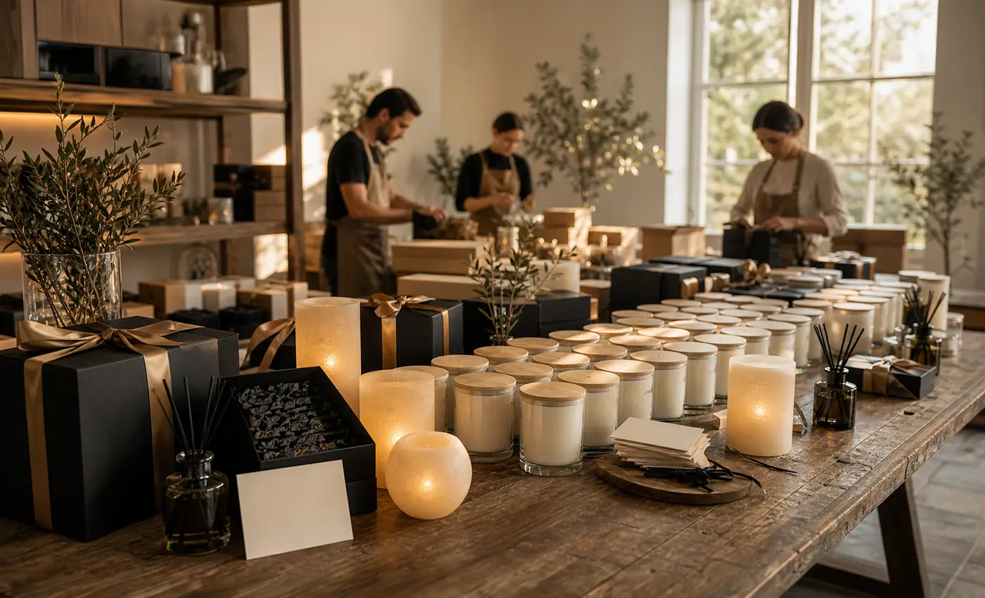 Pack aromático premium en caja negra con vela, mikado y perfumador.